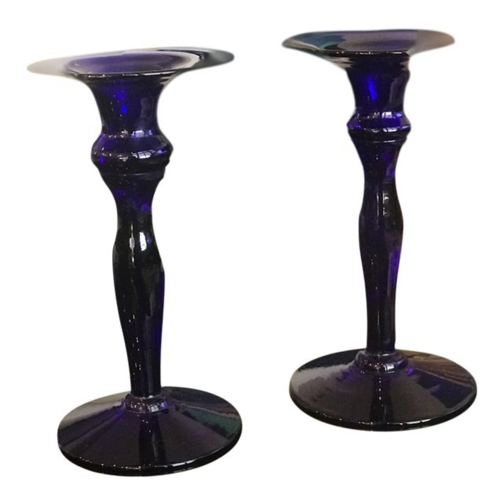 Late 20th Century Original Bristol Blue Glass Candlestick pair w/ box mint